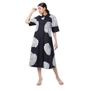 Lovebirds Hand Block Printed Shirt Dress Womens Small White Black Midi Cotton